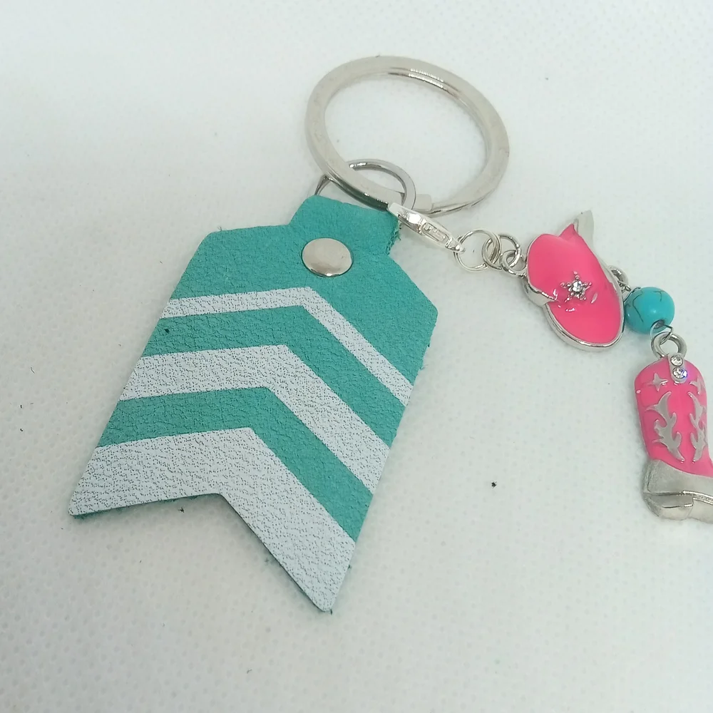 Chevron Pattern Keychain with Pink Boot and Hat Charms NEW Handmade